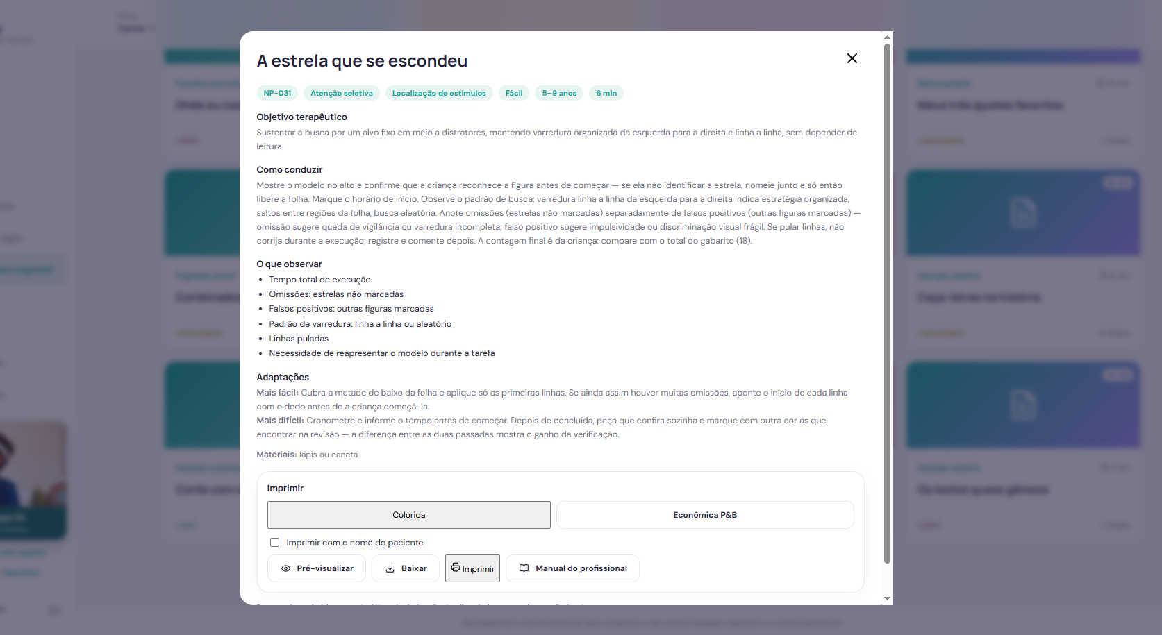 Painel de uma atividade com objetivo, condução, o que observar e os botões de impressão
