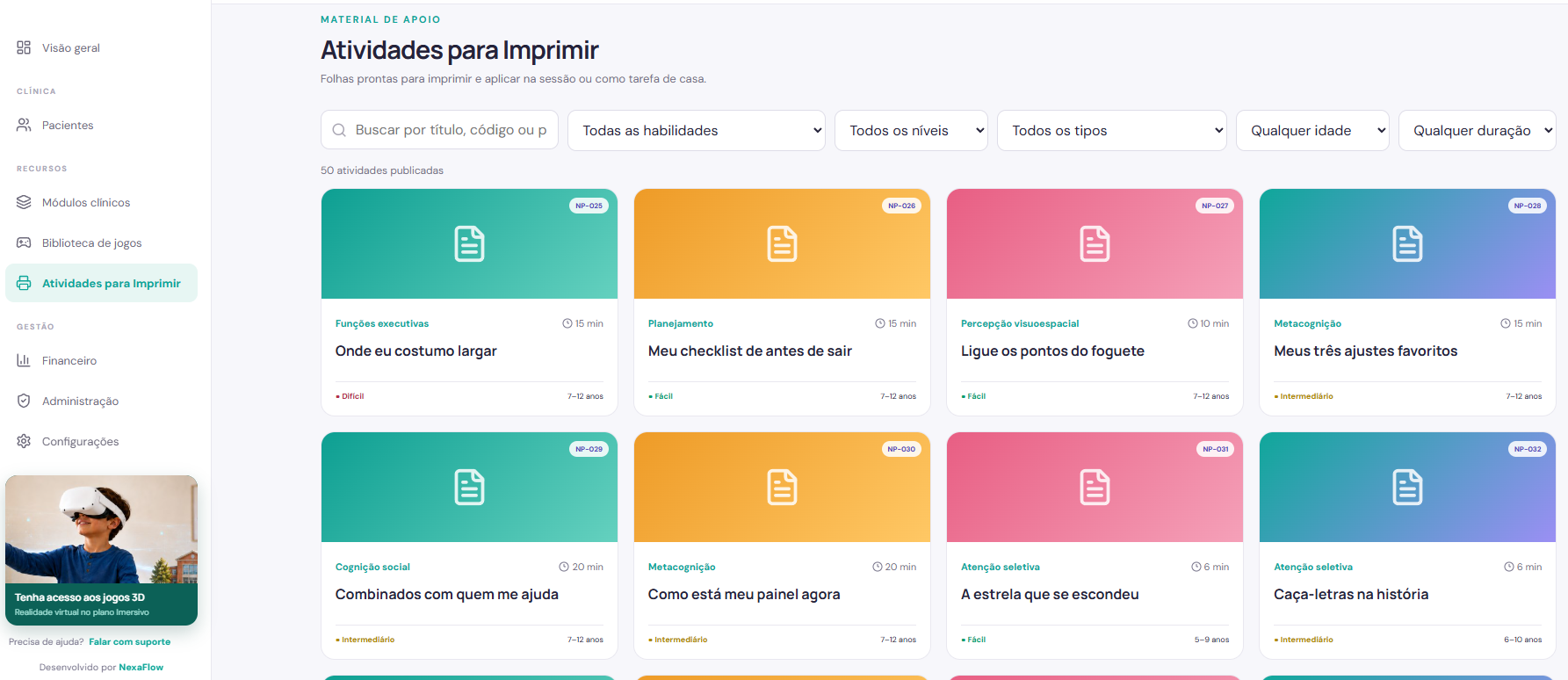 Biblioteca de atividades na plataforma, com filtros por habilidade, nível, tipo, idade e duração