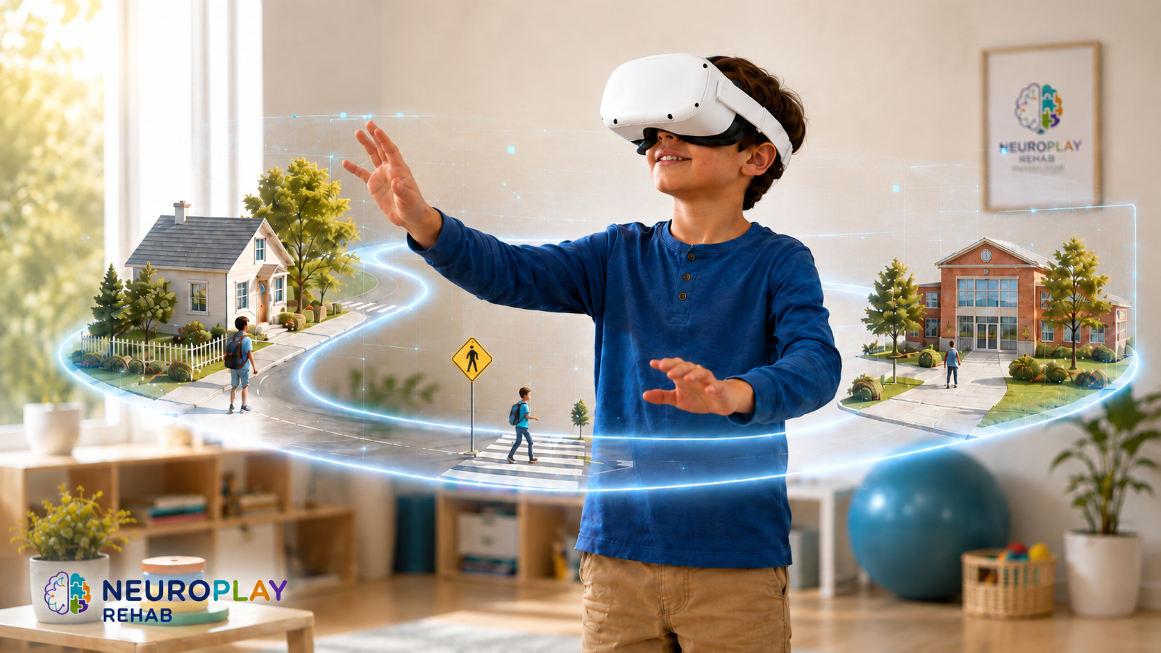 Criança em sessão de reabilitação com óculos de realidade virtual