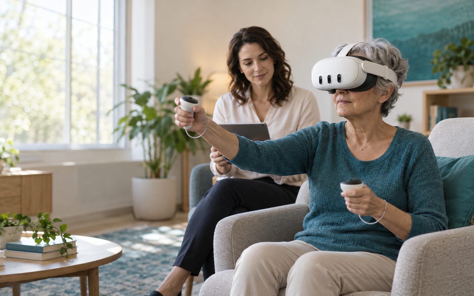 Paciente adulta mayor en sesión de realidad virtual con visor Meta Quest 3, acompañada por la terapeuta con una tablet