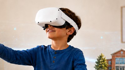 Niño en sesión de realidad virtual con visor Meta Quest